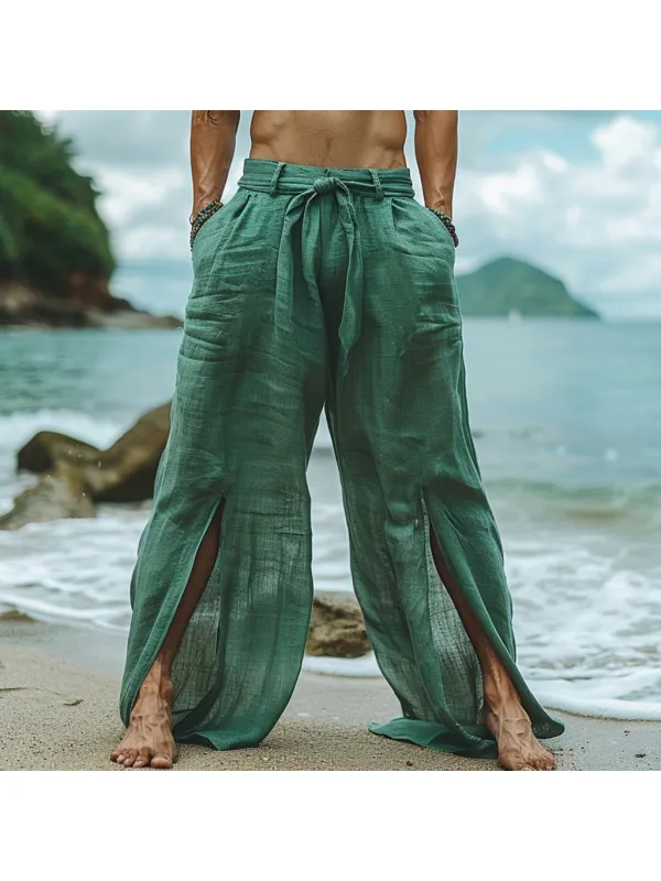 Men's Casual Retro Linen Trousers Holiday Seaside Ethnic Style Elegant Long Linen Trousers - Ininrubyclub.com 