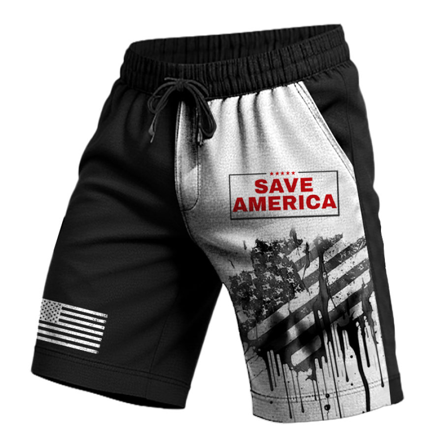 

Men's Shorts Vintage American Flag 4th Of July Patriotic Pocket Color Block Outdoor Drawstring Sweatpants