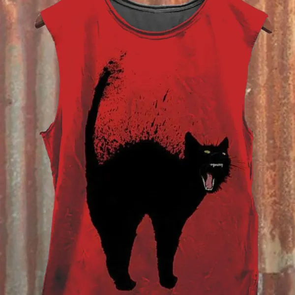 Unisex Vintage Red And Black Cat Print Casual Sleeveless T-Shirt - Dozenlive.com 