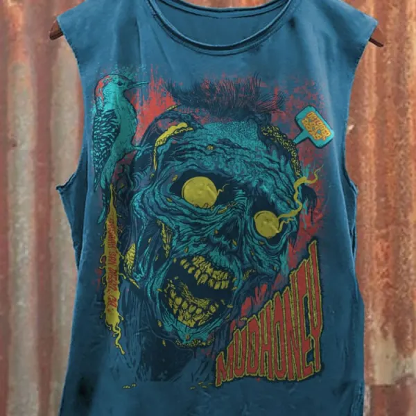 Unisex Vintage Blue Rotten Zombie Print Casual Sleeveless T-Shirt - Anurvogel.com 