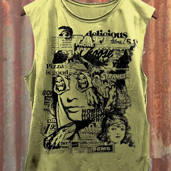 Unisex Vintage Yellow Skull Girls Print Casual Sleeveless T-Shirt - Dozenlive.com 