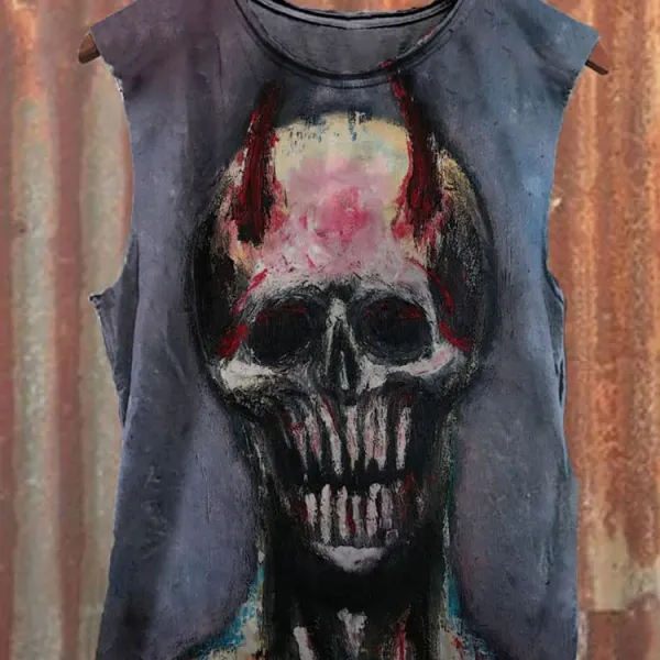 Unisex Demon Skull Graffiti Print Casual Sleeveless T-Shirt - Dozenlive.com 