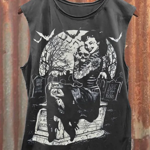 Unisex Vintage Tattoo Girls Graveyard Skull Punk Print Casual Sleeveless T-Shirt - Dozenlive.com 