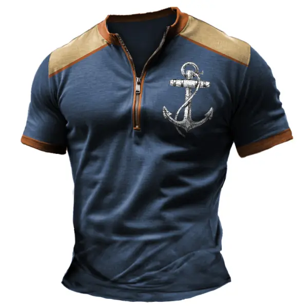 Men's Vintage Nautical Anchor Color Block Zipper Henley Collar Short Sleeve T-Shirt - Dozenlive.com 