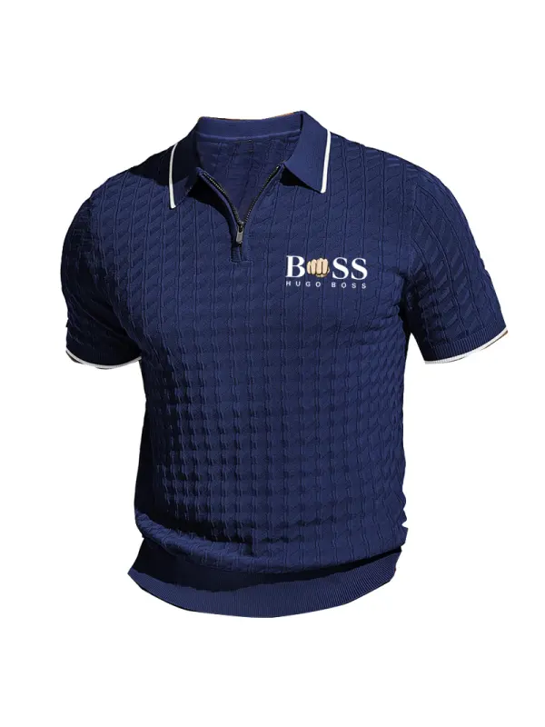 Men's Knit Polo Shirts Short Sleeve Quarter Zip Polo Shirt Waffle Business Casual Daily Tee - Ootdmw.com 