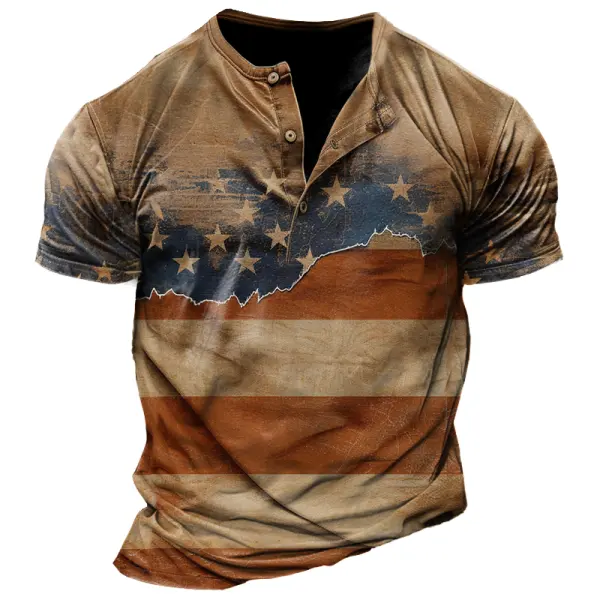 Men's Vintage American Flag Patchwork Henley Collar Short Sleeve T-Shirt - Anurvogel.com 