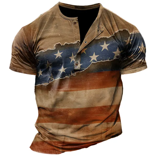 Men's Vintage American Flag Patchwork Henley Collar Short Sleeve T-Shirt - Dozenlive.com 