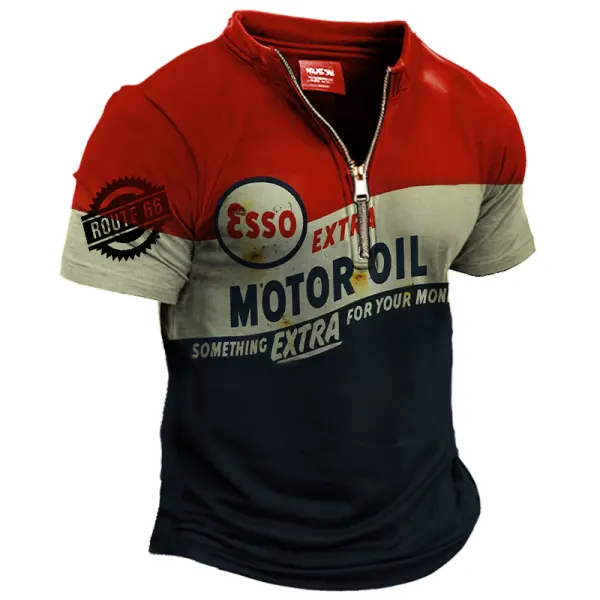 Men's Vintage Motorcycle Gasline Oil Route 66 Zip Road Trip Short Sleeve T-Shirt - Dozenlive.com 