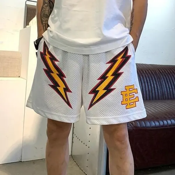 Men's Street Yellow Lightning Print Mesh Breathable Outdoor Basketball Shorts - Dozenlive.com 