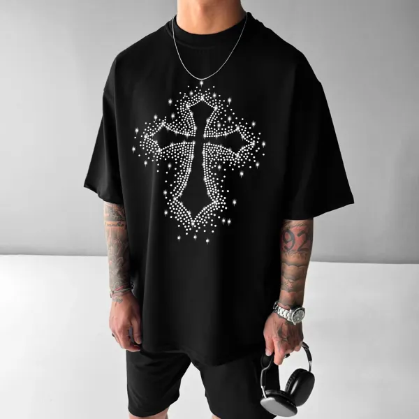 Cross Rhinestone Oversized T-shirt - Ootdyouth.com 