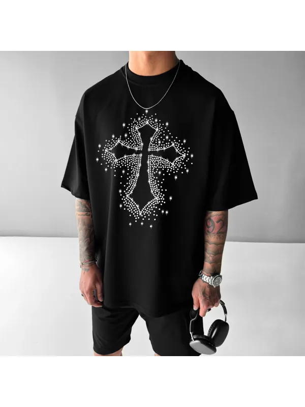 Cross Rhinestone Oversized T-shirt - Anrider.com 