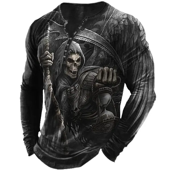 Men's Vintage Dark Skull Print Henley Collar Long Sleeves T-shirt Only BRL65,52 - Anurvogel.com 