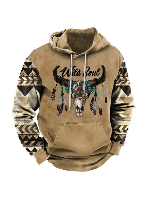 Men's Vintage Ethnic Wild Soul Boho Skull Print Hoodie - Aptkoi.com 