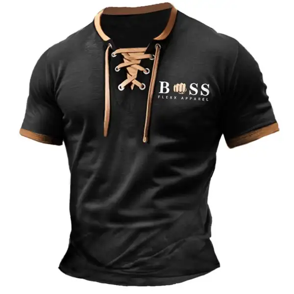 Men's Boss T-Shirt Vintage Lace-Up Short Sleeve Color Block Summer Daily Tops - Cotosen.com 