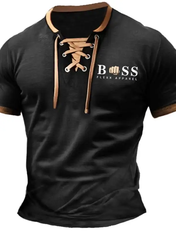Men's Boss T-Shirt Vintage Lace-Up Short Sleeve Color Block Summer Daily Tops - Simplyion.com 
