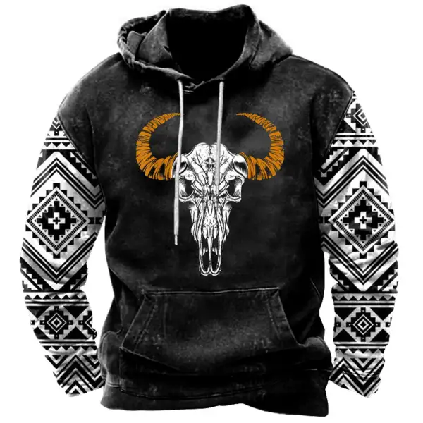 Men's Vintage Western Geometric Skull Print Hoodie - Dozenlive.com 