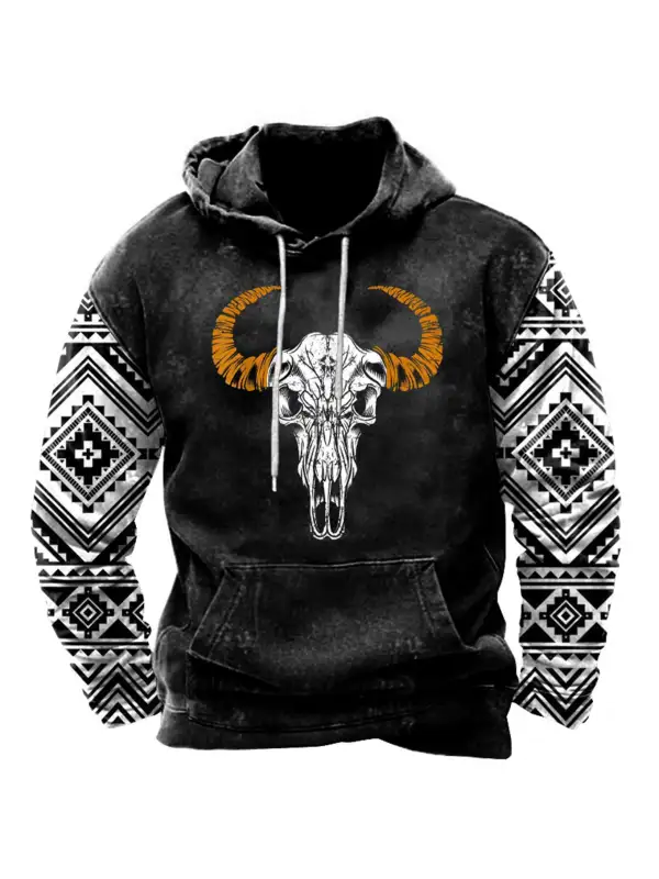 Men's Vintage Western Geometric Skull Print Hoodie - Aptkoi.com 