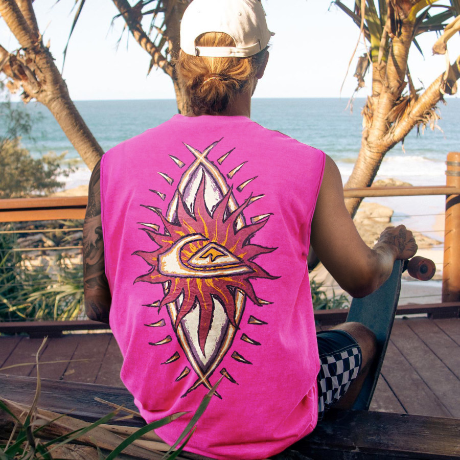 

Retro Surf Print Sleeveless Vest Oversized Skateboard Vest