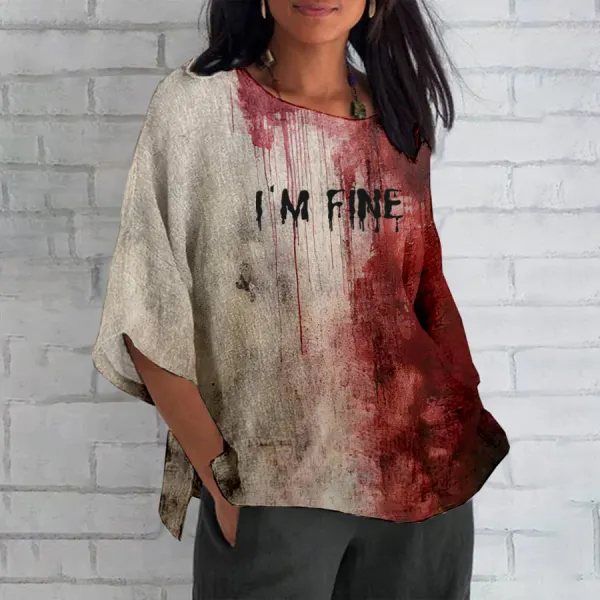 Women's Bloody Im Fine Halloween Printed Cotton And Linen Shirt - Dozenlive.com 