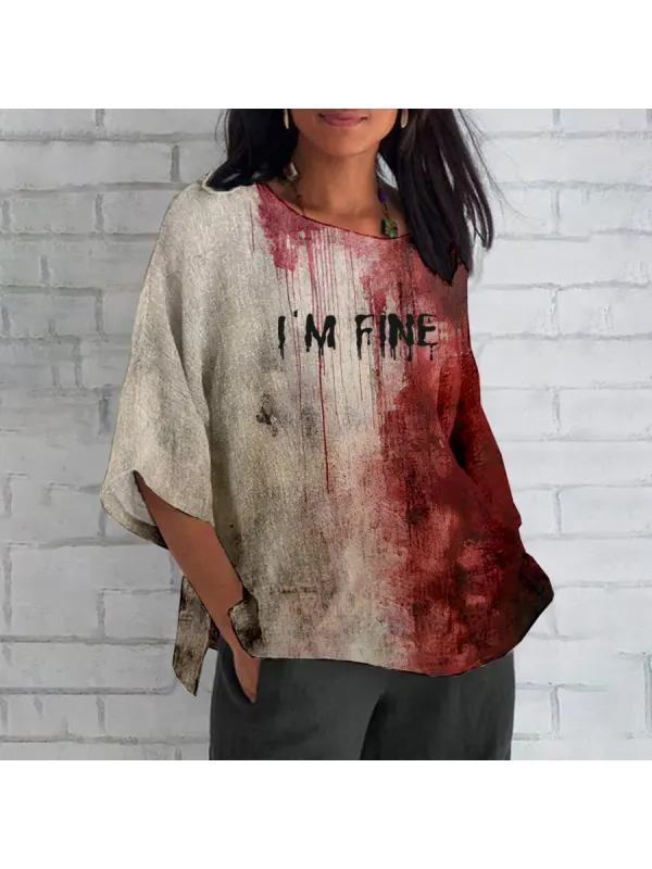 Women's Bloody Im Fine Halloween Printed Cotton And Linen Shirt - Ootdmw.com 