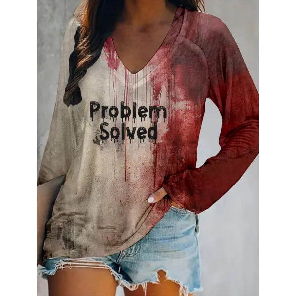 Womens Bloody Problem Solved Halloween Print V-Neck T-Shirt - Dozenlive.com 