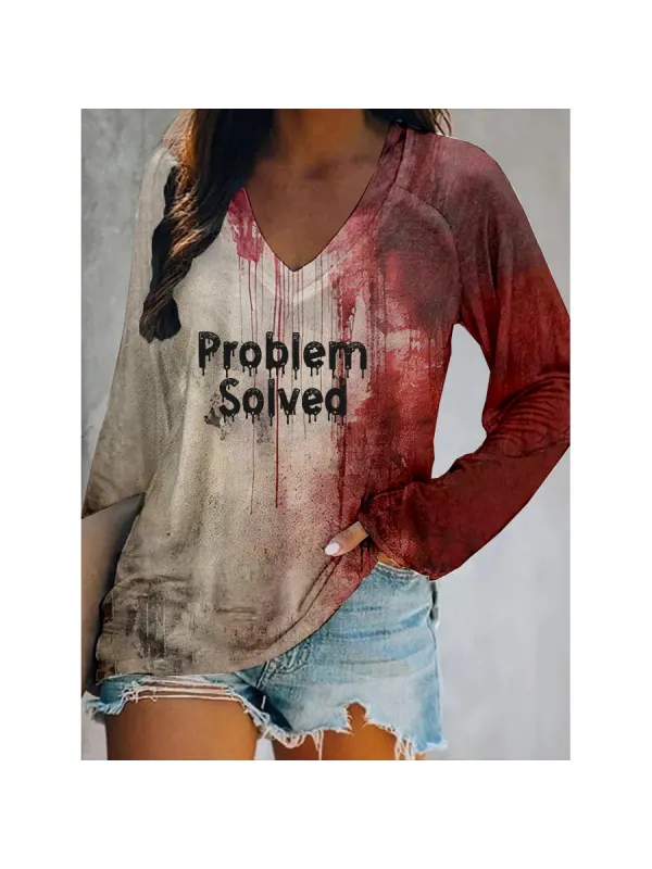 Womens Bloody Problem Solved Halloween Print V-Neck T-Shirt - Anrider.com 