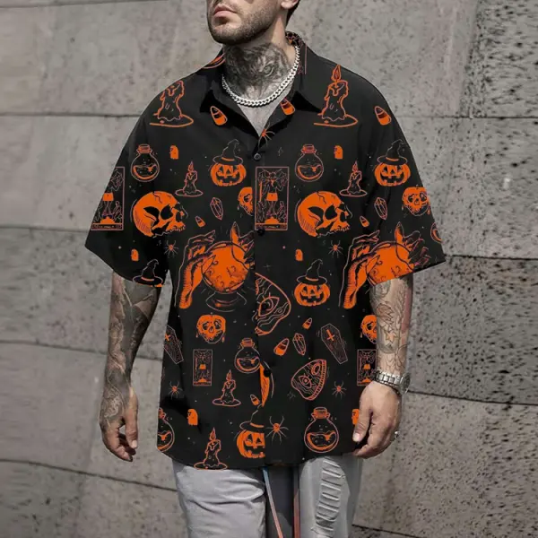 Men's Halloween Skull Print Shirt With Lapel And Short Sleeves - Anurvogel.com 