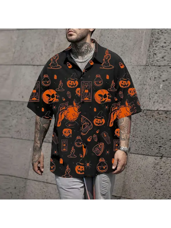 Men's Halloween Skull Print Shirt With Lapel And Short Sleeves - Anrider.com 