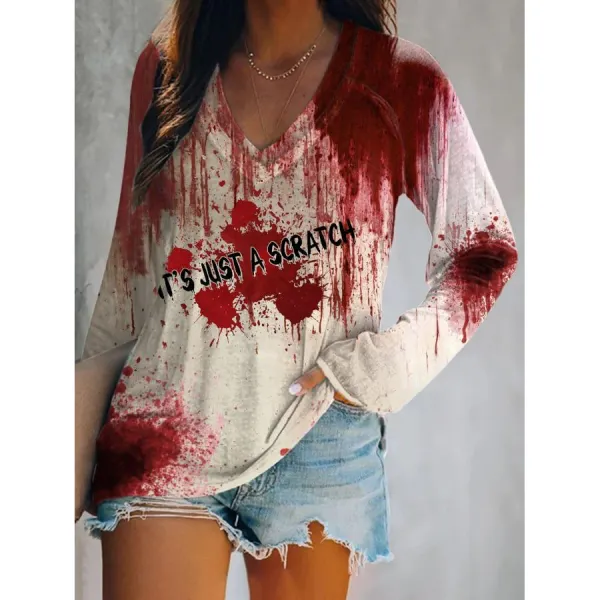 V-neck Retro Just A Scratch Bloody Halloween Print T-Shirt - Dozenlive.com 