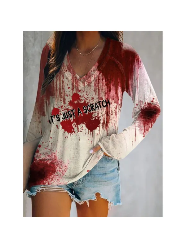 V-neck Retro Just A Scratch Bloody Halloween Print T-Shirt - Anrider.com 