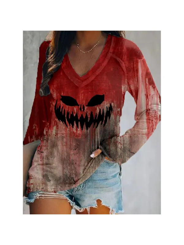 Women's Vintage Halloween Bloody Casual Long Sleeve T-Shirt - Anrider.com 