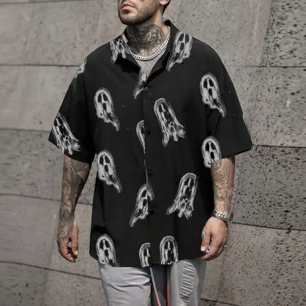 Men's Shirt Halloween Ghost Print Lapel Short Sleeve Shirt - Dozenlive.com 