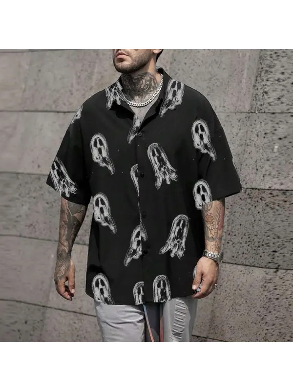 Men's Shirt Halloween Ghost Print Lapel Short Sleeve Shirt - Anrider.com 