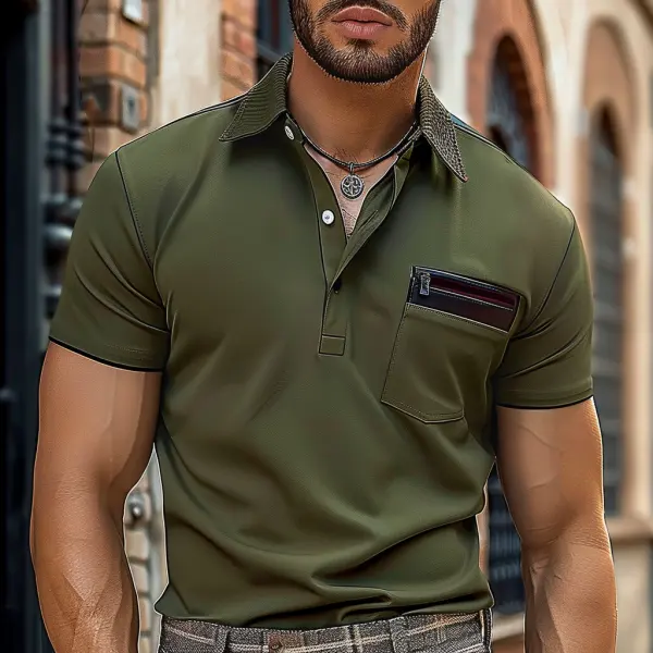 Men's Outdoor Solid Pocket Zip Tactical Polo T-Shirt - Dozenlive.com 