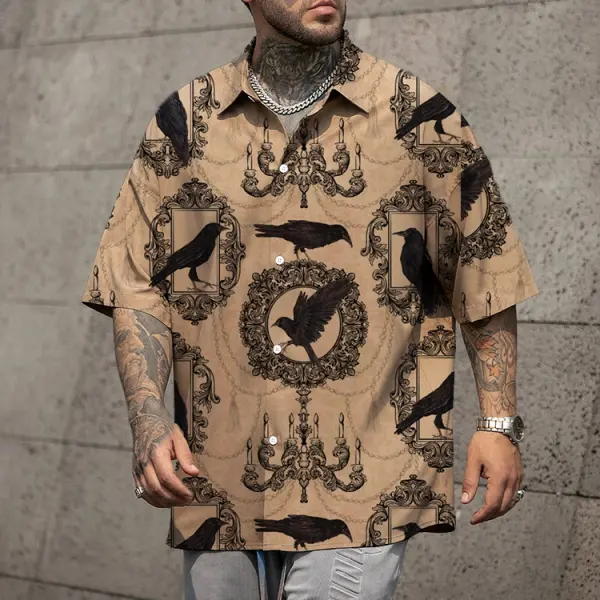 Men's Shirt Halloween Crow Print Lapel Short Sleeve Shirt - Wayrates.com 