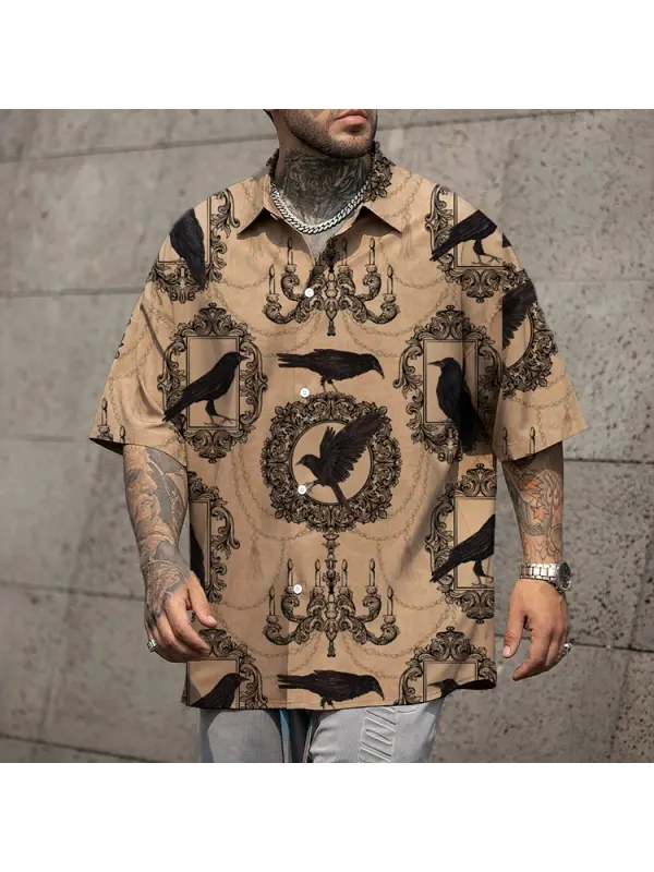 Men's Shirt Halloween Crow Print Lapel Short Sleeve Shirt - Anrider.com 