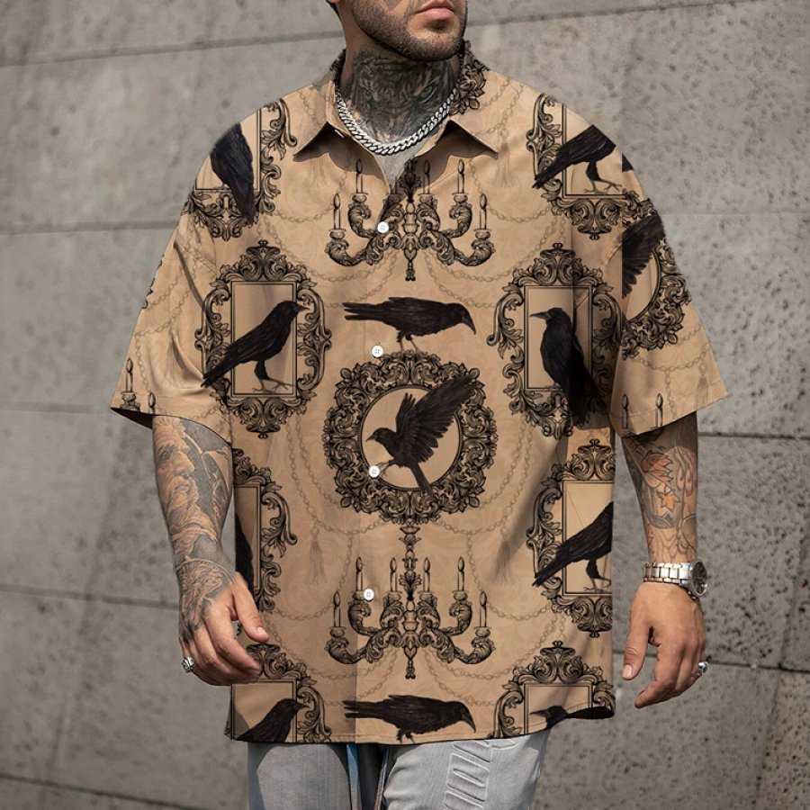 

Men's Shirt Halloween Crow Print Lapel Short Sleeve Shirt