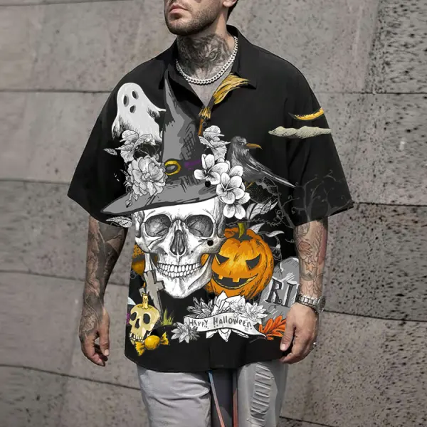 Men's Shirt Halloween Ghost Print Lapel Short Sleeve Shirt Black Shirt - Dozenlive.com 