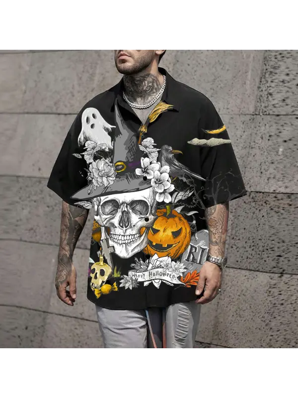 Men's Shirt Halloween Ghost Print Lapel Short Sleeve Shirt Black Shirt - Anrider.com 