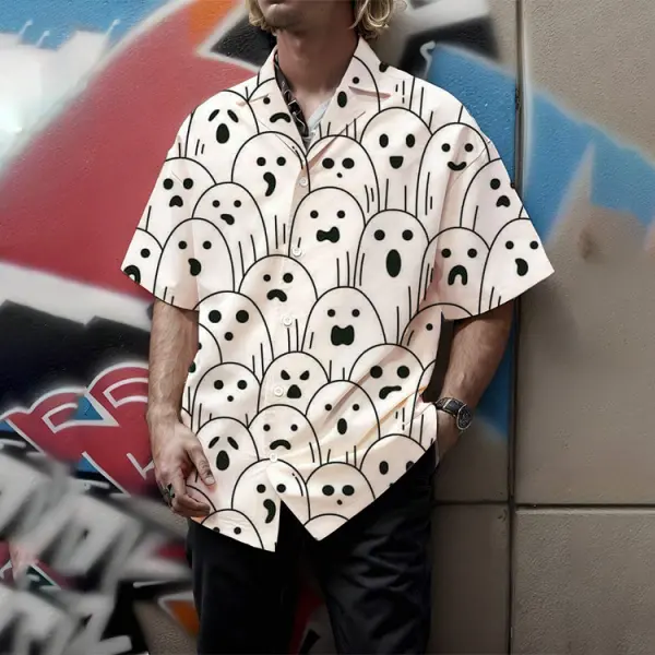 Men's Shirt Halloween Ghost Print Lapel Short Sleeve Shirt Cuban Collar Top - Yiyistories.com 