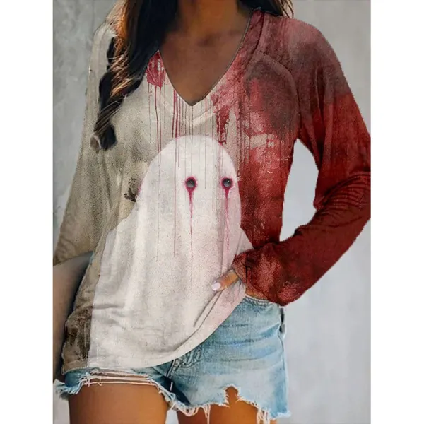 Women's Bloody Halloween Ghost Print V-Neck T-Shirt - Ootdyouth.com 