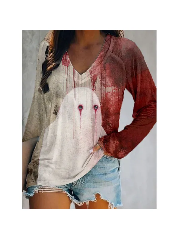 Women's Bloody Halloween Ghost Print V-Neck T-Shirt - Anrider.com 