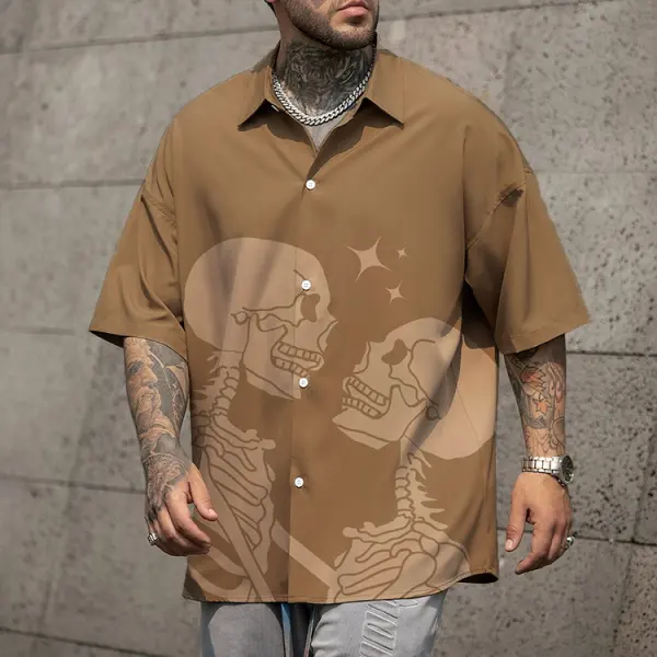 Men's Halloween Skull Print Shirt With Lapel And Short Sleeves - Anurvogel.com 