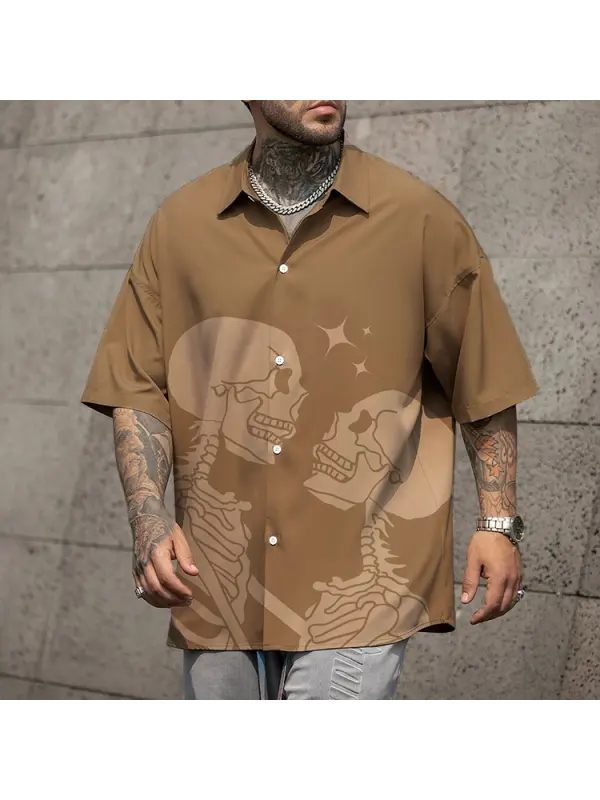 Men's Halloween Skull Print Shirt With Lapel And Short Sleeves - Anrider.com 