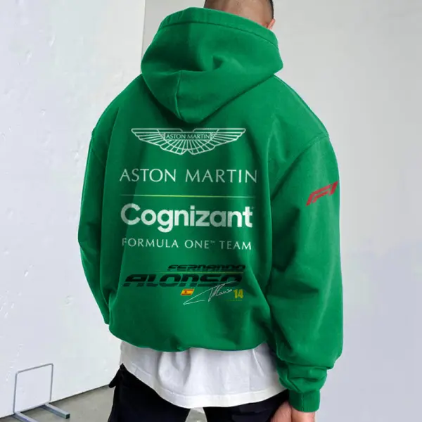 Men's Oversized Hoodie Retro Racing Print Green - Dozenlive.com 