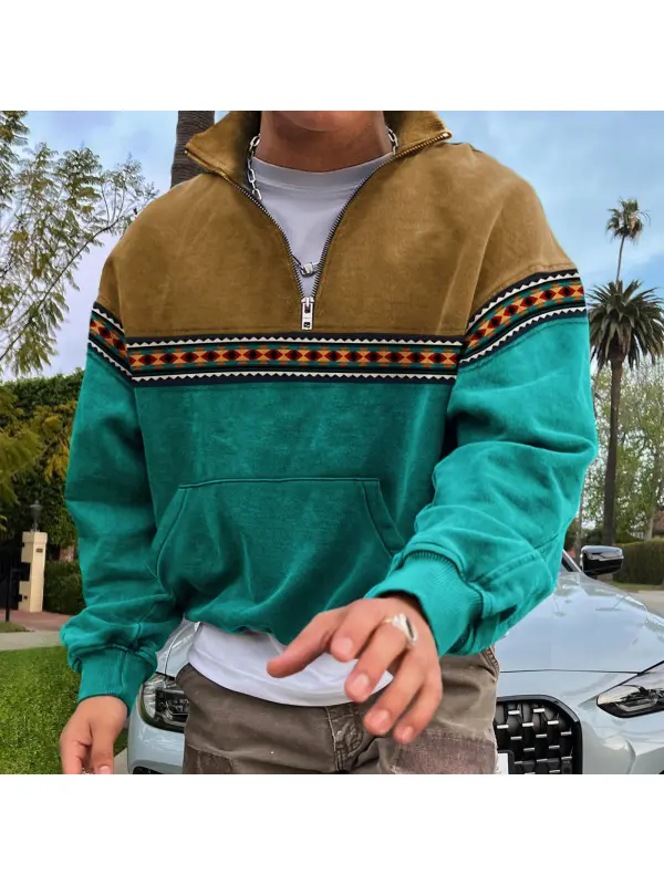 Men's Retro Casual Detroit Ethnic Half Zip Stand Collar Sweatshirt - Anrider.com 