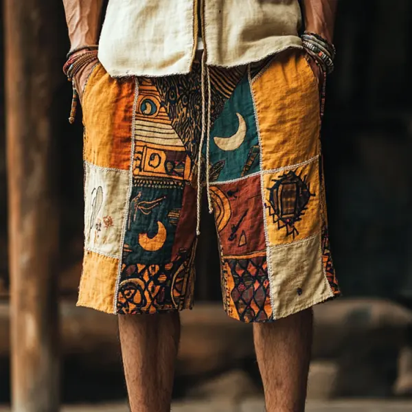 Men's Casual Shorts Vintage Cotton And Linen Tribal Pattern Shorts - Nicheten.com 