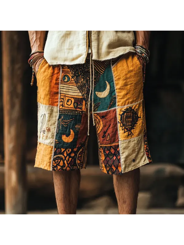 Men's Casual Shorts Vintage Cotton And Linen Tribal Pattern Shorts - Anrider.com 