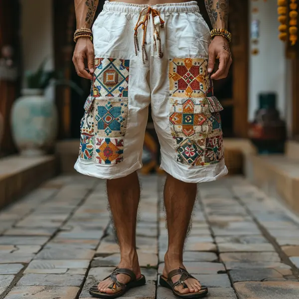 Retro Ethnic Pattern Shorts Casual Cotton And Linen Shorts - Dozenlive.com 