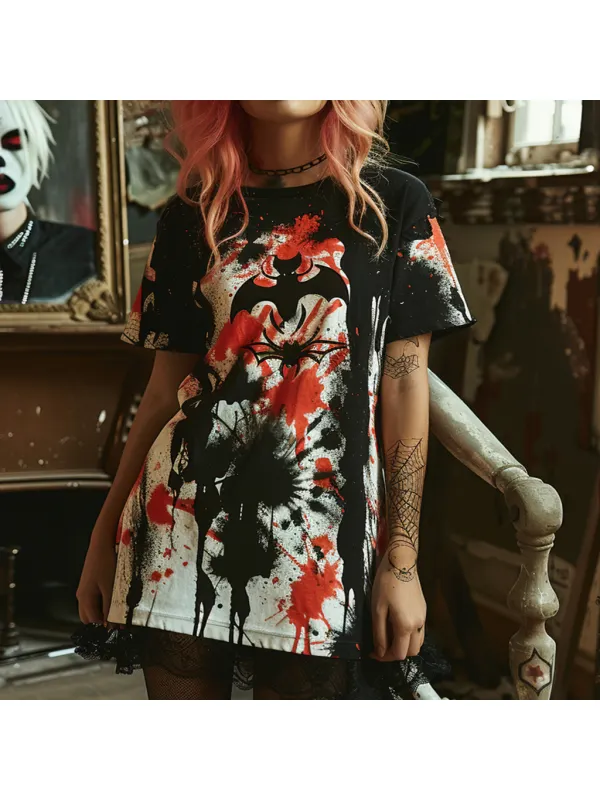 Oversized Halloween T-shirt Pumpkin Bat Tie-Dye T-shirt Gothic Dark T-shirt - Ootdmw.com 